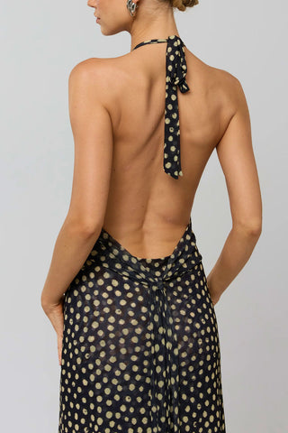 Polka Dot Halter V-Neck Maxi Dress