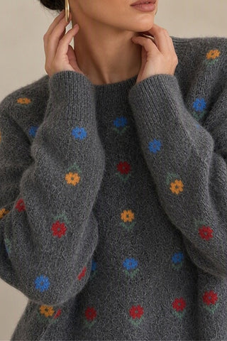 Floral Applique Crew Neck Knit Sweater