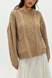 Cable Knit Crew Neck Sweater with Pockets