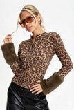 Fur Cuff Leopard Print Henley Crop Top