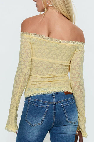 Off-Shoulder Lace Ruched Long Sleeve Top