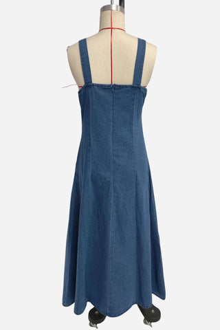 Button-Detail Denim Strap Maxi Dress