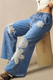 Floral Crochet Applique Drawstring Baggy Jeans