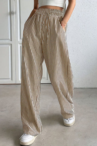 Drawstring Striped Wide-Leg Casual Pants