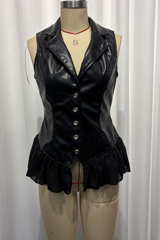 Notched Collar Ruffle Hem Sleeveless Vest