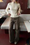 Ribbed Knit Frog Button Mock Neck Blouse