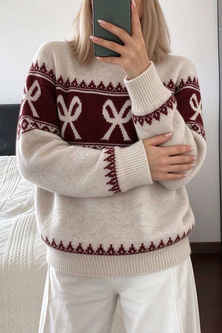 Bow Motif Fair Isle Crew Neck Sweater