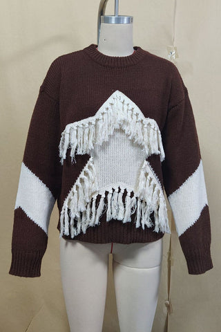 Fringe Colorblock Mock Neck Sweater
