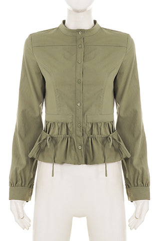 Mock Neck Button-Front Peplum Blouse