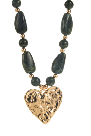 Textured Heart Pendant Beaded Necklace