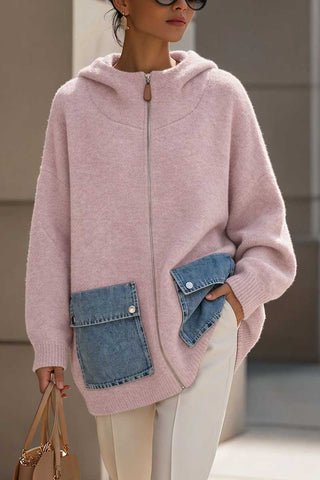 Hooded Zip-Front Denim Pocket Cardigan