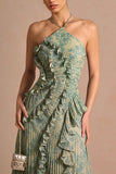 Floral Ruffle Halter Pleated Evening Dress
