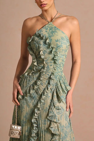 Floral Ruffle Halter Pleated Evening Dress