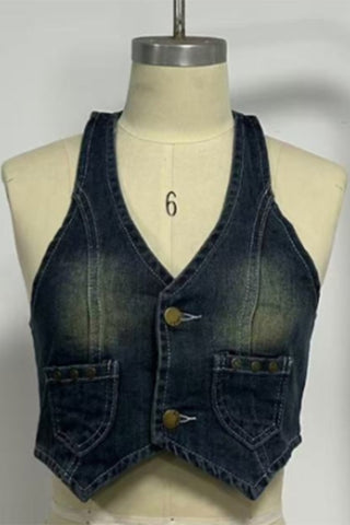 V-Neck Button Front Denim Vest