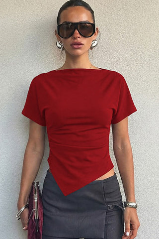 Ruched Asymmetrical Hem Short Sleeve Top