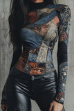 Patchwork Print Mock Neck Bodycon Blouse