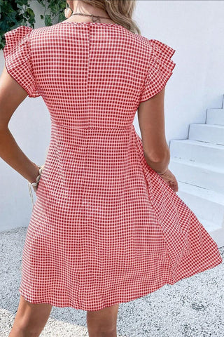 Gingham Flutter-Sleeve Casual Dress