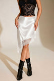 Satin Asymmetrical Lace Trim Midi Skirt