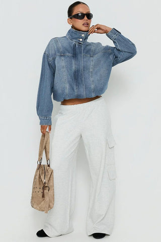 High Collar Crop Denim Jacket