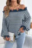 Striped Off-Shoulder Frayed Knit Sweater