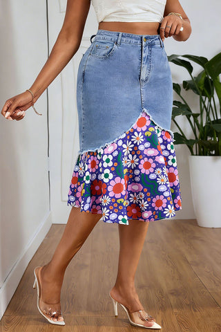 Graphic Print Denim Skirt