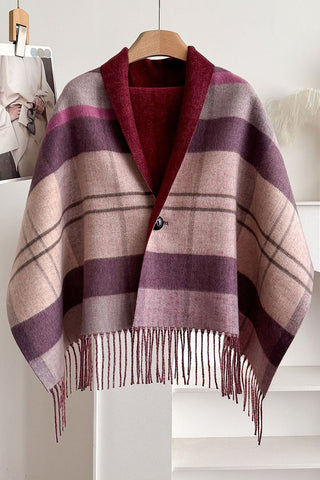 Plaid Fringed Wrap Poncho Scarf