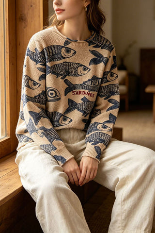 Fish Print Crew Neck Knit Sweater