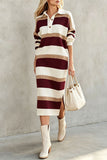 Striped Ribbed Knit Polo Midi Dress