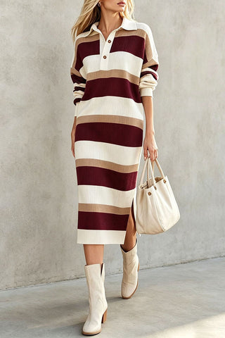 Striped Ribbed Knit Polo Midi Dress