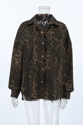 Leopard Print Button-Front Long Sleeve Shirt