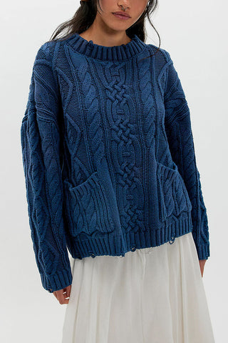 Cable Knit Crew Neck Sweater with Pockets