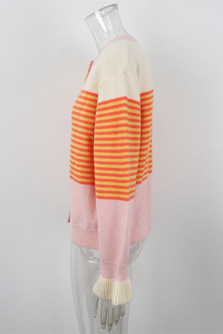 Striped Colorblock Button-Front Knit Cardigan