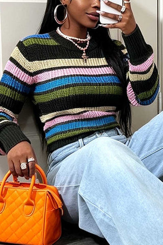 Striped Ribbed Knit Crew Neck Crop Sweater