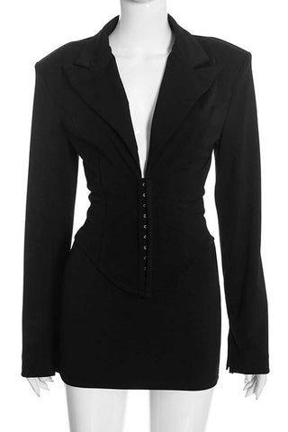 V-Neck Hook-Front Blazer Skirt Set