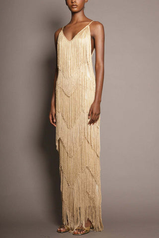 Fringe V-Neck Sleeveless Maxi Casual Dress