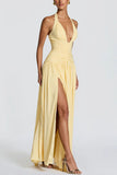 Ruched Halter V-Neck Maxi Casual Dress