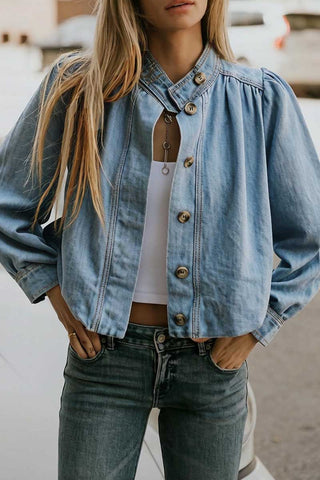 Stand-Collar Button-Front Denim Jacket