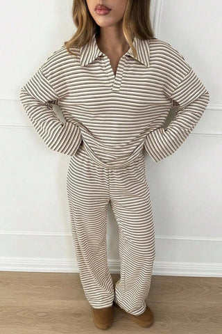 Striped Long Sleeve Collared Loungewear Set