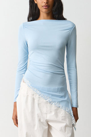 Ruched Long Sleeve Lace Trim Top