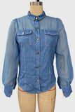 Sheer Sleeve Button-Front Denim Shirt
