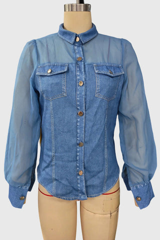 Sheer Sleeve Button-Front Denim Shirt