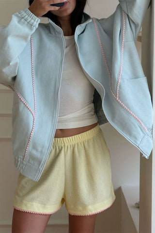 Pom-Pom Trim Zip-Up Mock Neck Jacket