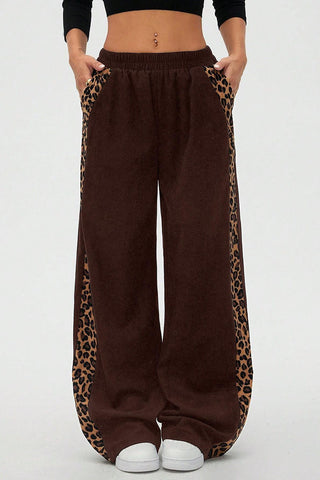 Leopard Print Side Stripe Wide Leg Casual Pants