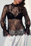 Lace Sheer Bell Sleeve Mock Neck Blouse