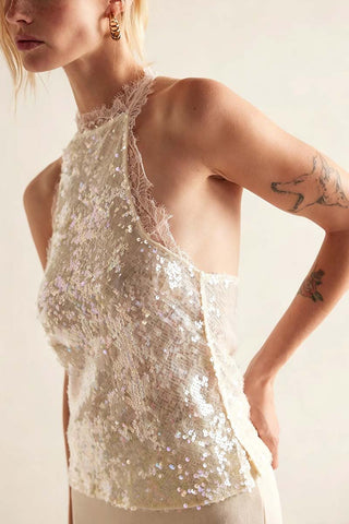 Sequin Lace Halter Tank Top