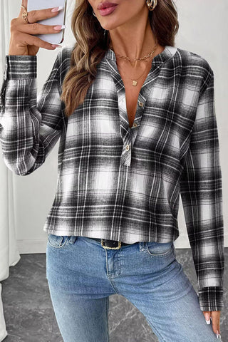 Plaid V-Neck Button-Front Long Sleeve Shirt