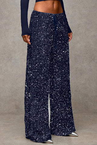 Sequin Drawstring Wide-Leg Casual Pants