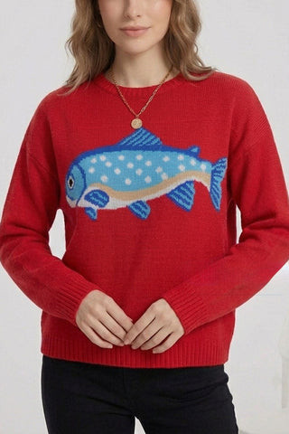 Fish Intarsia Crew Neck Knit Sweater