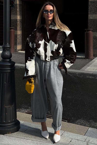 Cow Print Collared Zip-Up Jacket