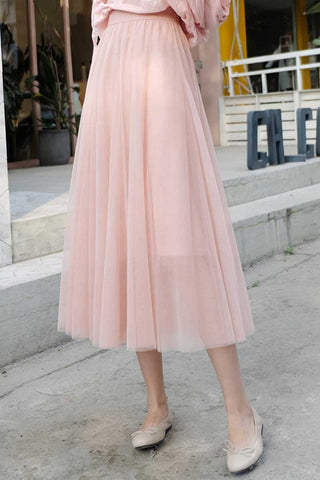 Sheer Tulle High-Waist A-Line Midi Skirt